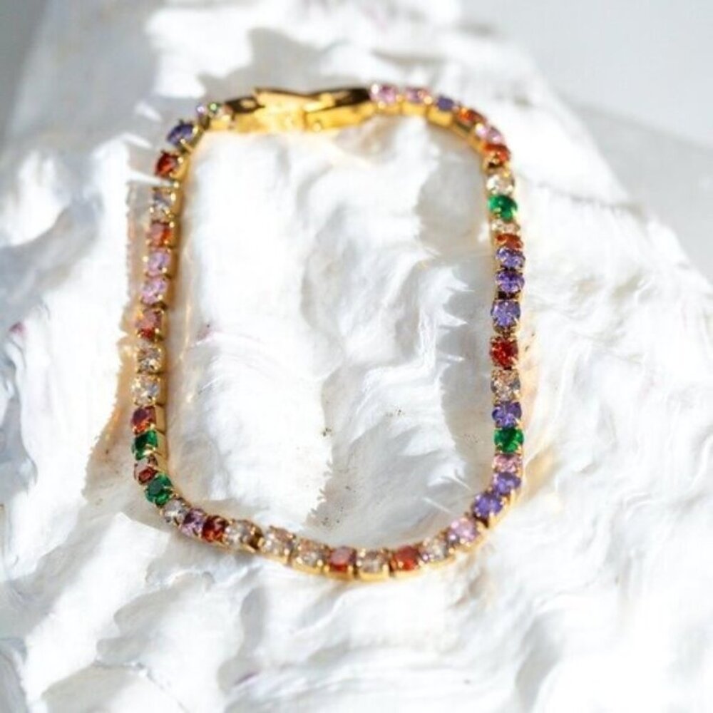 Colorful CZ Tennis Bracelet Waterproof Gold Stacking Bracelet Gold Box Clasp - Picture 8 of 15